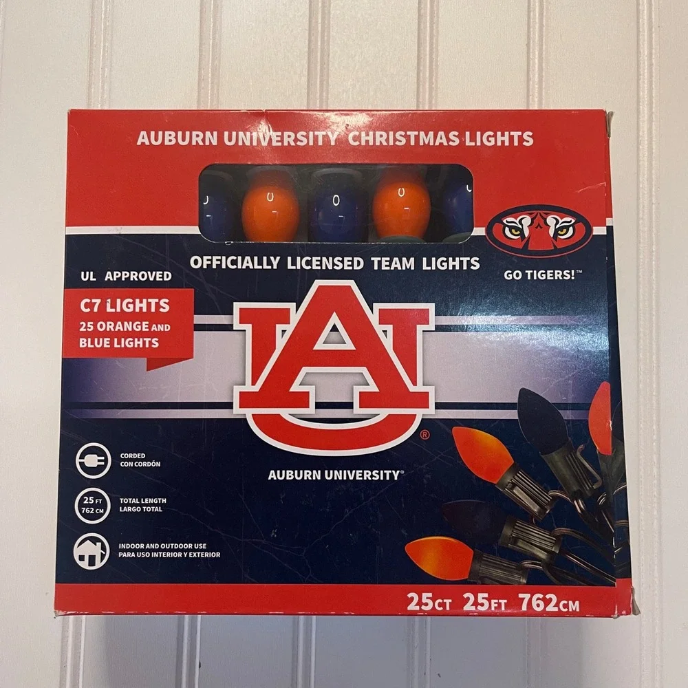 NEW Auburn University Christmas Lights 25ft C7 Orange Blue 25 Count NCAA Tigers